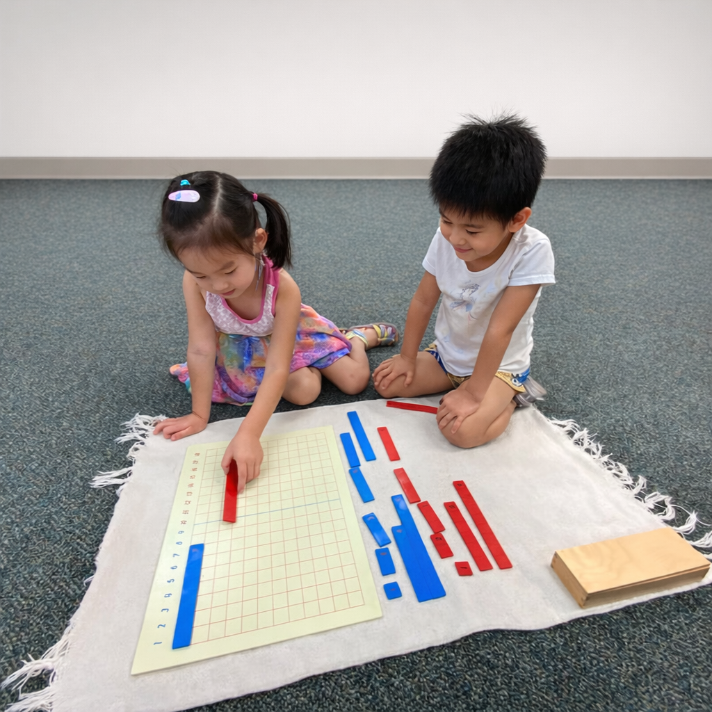 Montessori Math uses hands-on materials like Number Rods and Golden Beads to make concepts clear and engaging—helping children build a strong foundation in counting, place value, and problem-solving