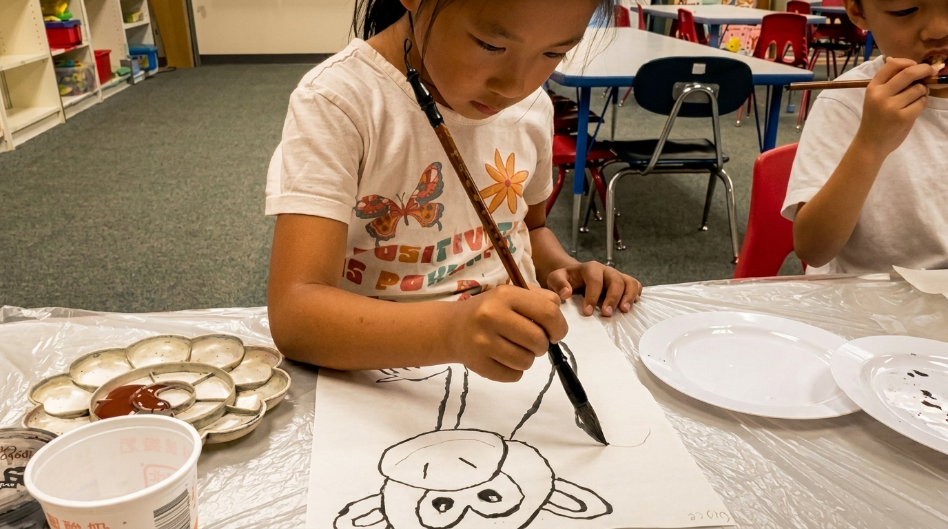 A young child uses a brush to paint a smiple monkey figure on white paper, focusing closely on the artwork at a table with paint and supplies nearby. Location is at Trust Montessori School in West San Jose. During after school program