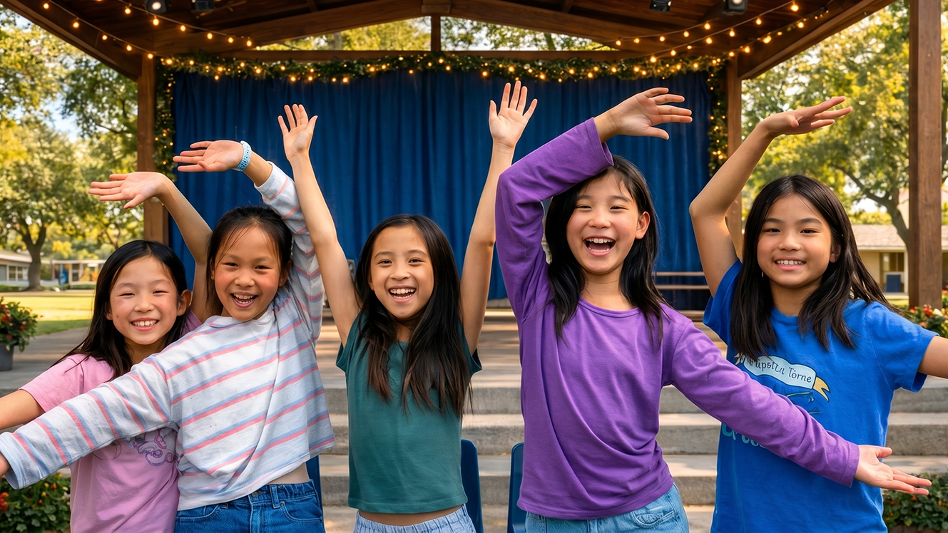 Five girls smiling and raising their arms on an outdoor stage with string lights and blue curtains.