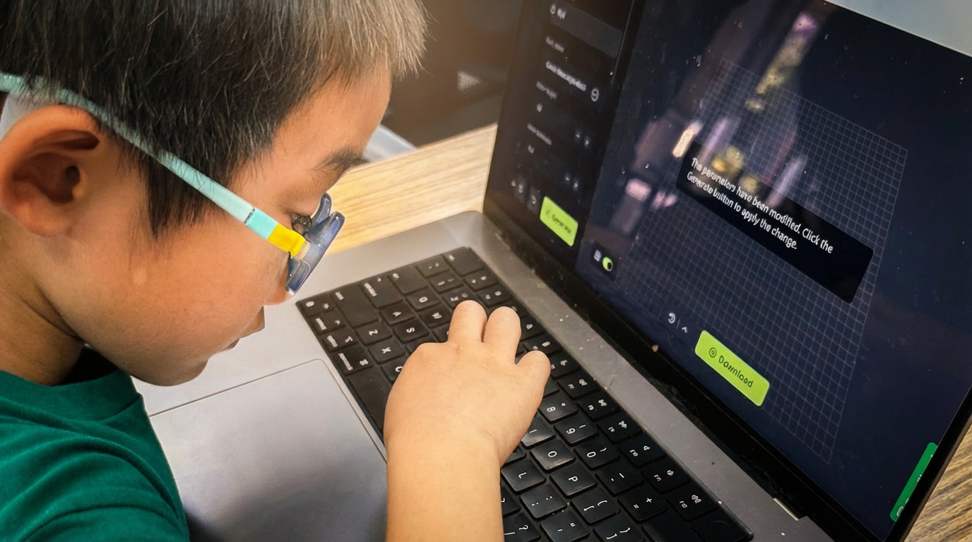 A young boy with glasses is focused on a laptop, interacting with a screen that displays a grid and options for modification. The boy is sitting at a wooden desk.