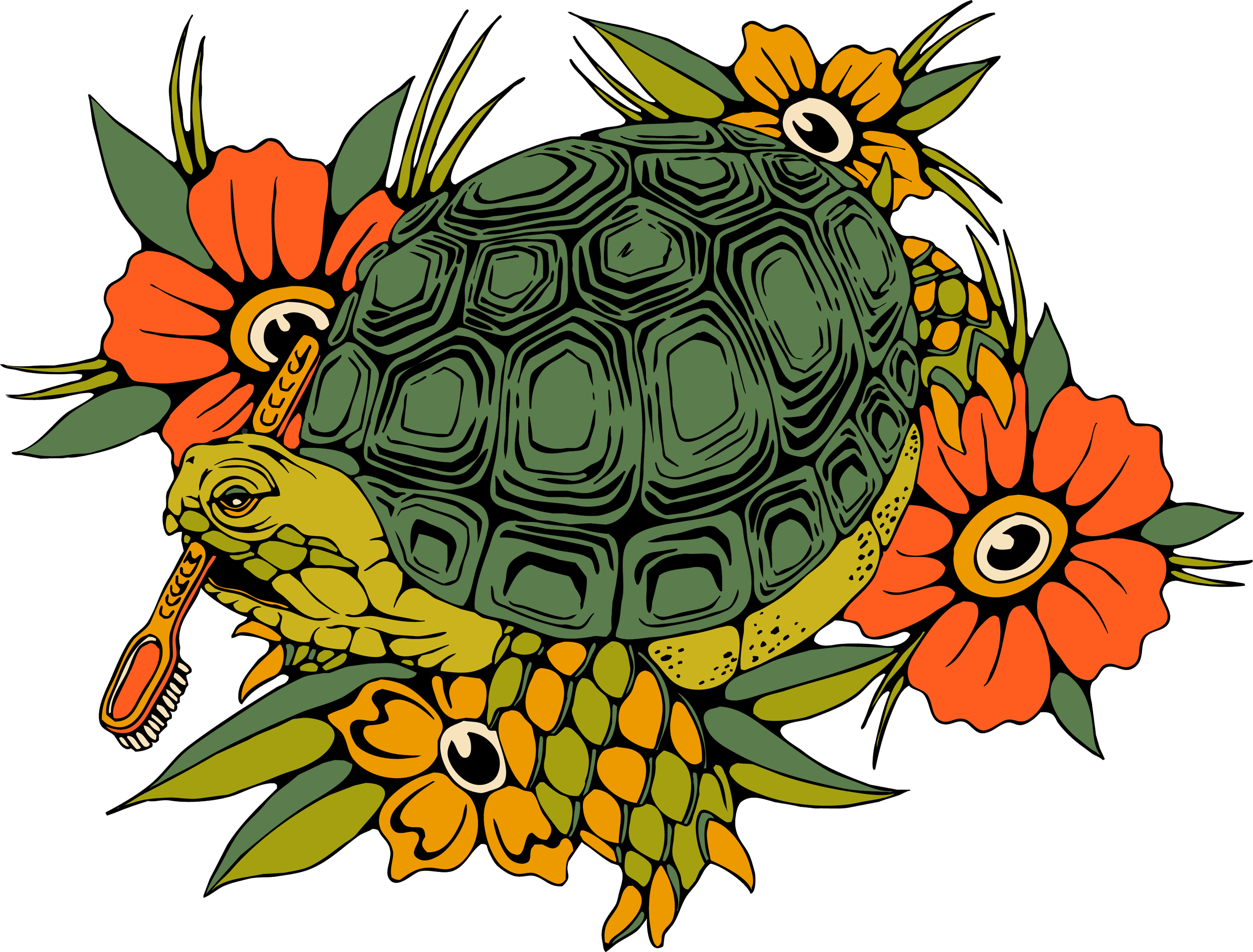 Illustration of a turtle with a patterned green shell surrounded by orange and yellow flowers with green leaves.