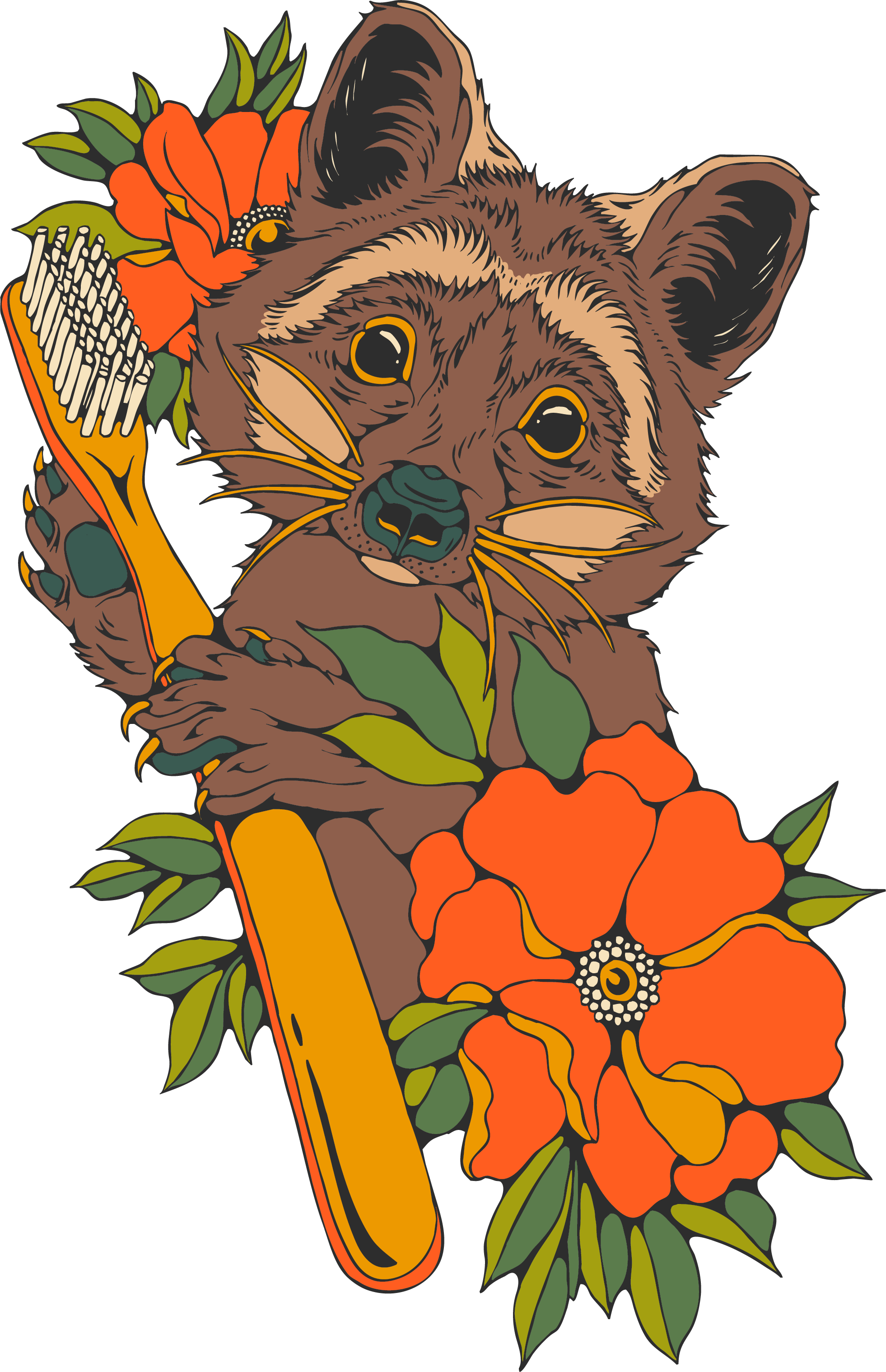 Colorful illustration of a cat with large eyes, surrounded by orange and black flowers, green leaves, and a yellow ribbon.
