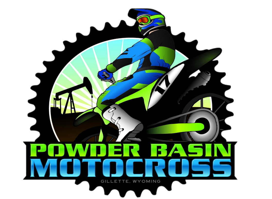 A graphic illustration of a motocross rider in colorful gear riding a dirt bike, with a backdrop of oil rigs and a bright circular pattern, and the text "Powder Basin Motocross" with location "Gillette, Wyoming."