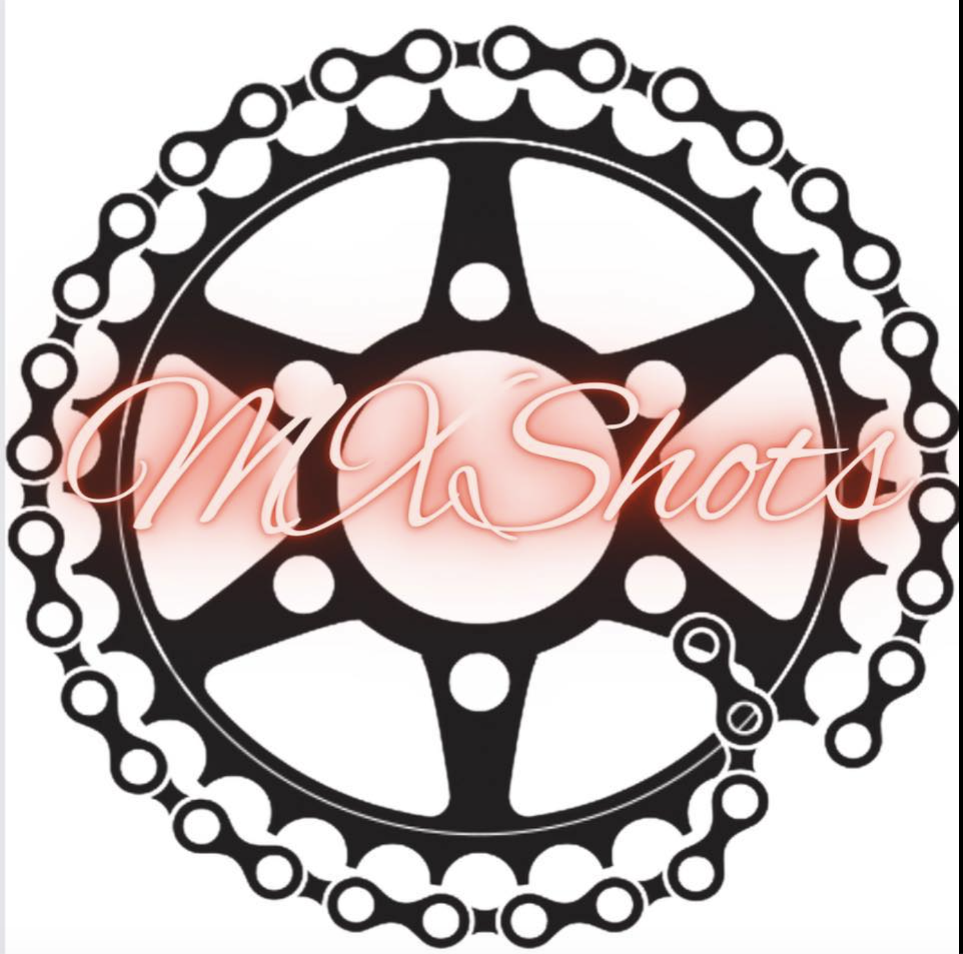 An artistic logo with a motorcycle chainring and chain, overlaid with glowing pink text that reads 'MIA Shots.'