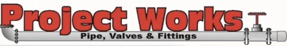 Logo for Project Works Pipe, Valves & Fittings with red text and pipe graphic.