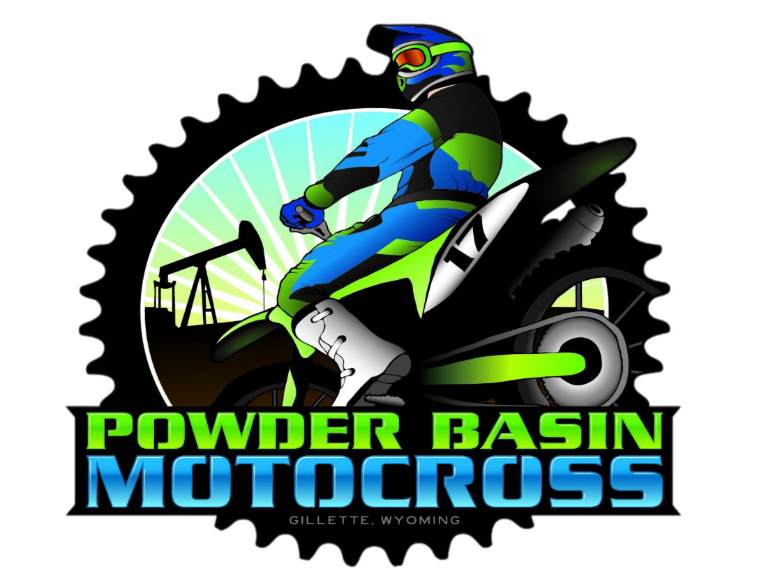 An illustration of a motocross rider in colorful gear riding a dirt bike with a background of oil pump jacks and sunset rays. The text below reads "Powder Basin Motocross" and "Gillette, Wyoming."