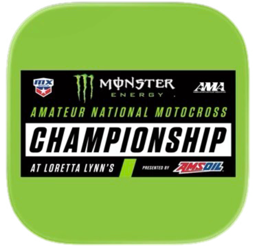 Green square cup with a logo for the Amateur National Motocross Championship at Loretta Lynn's, sponsored by Monster Energy and AMSOIL.