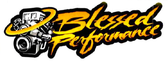 Logo with a stylized engine and the text "Blessed Performance" in bold yellow and black script.