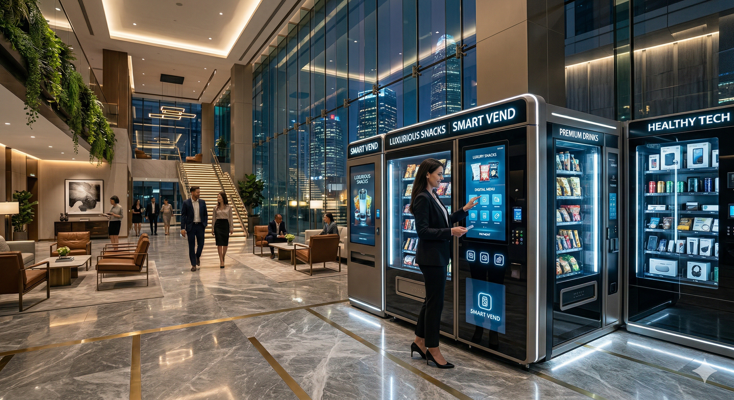 Businesswoman using a smart vending machine in a luxury hotel lobby with modern seating area, large glass windows, and a city skyline in the background.