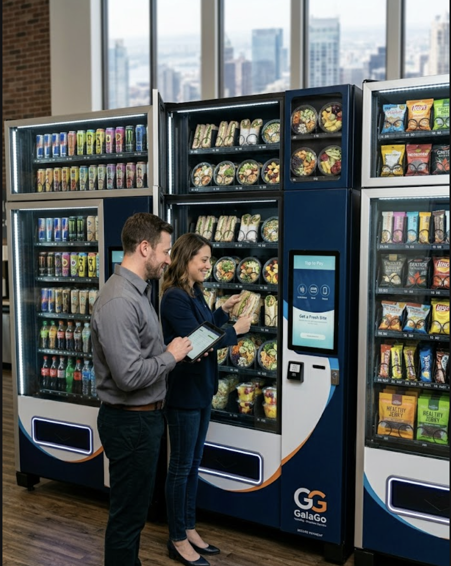 Two people using a vending machine filled with sandwiches, salads, and snacks in a high-rise building with city views.