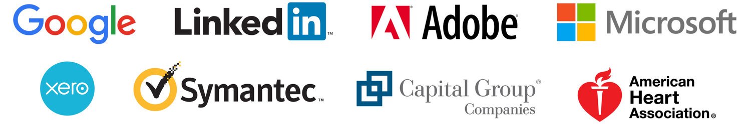Logos of various companies including Google, LinkedIn, Adobe, Microsoft, Xero, Symantec, Capital Group Companies, and American Heart Association.