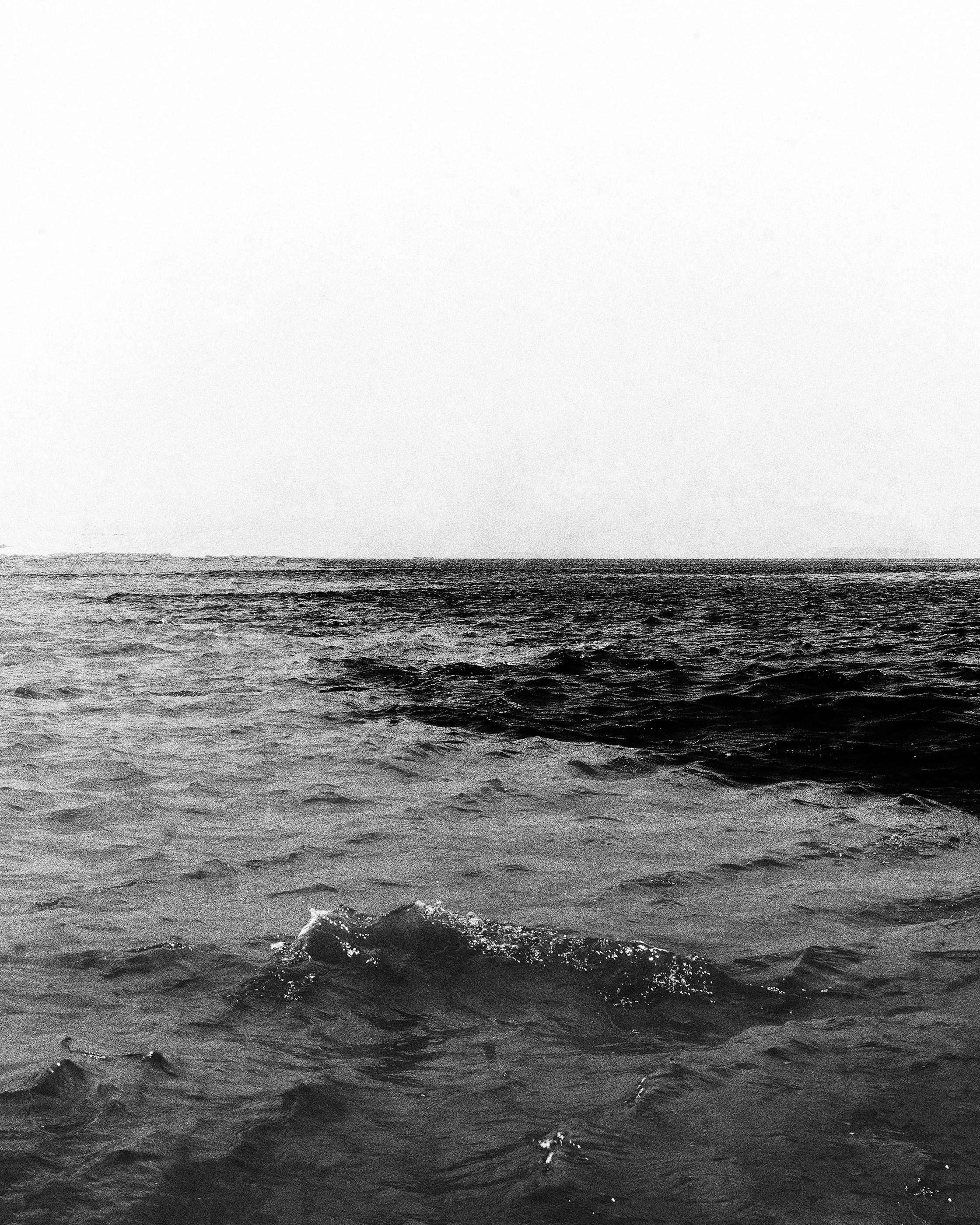 Imagem em tom preto e branco de um mar com ondas e céu claro ao fundo.