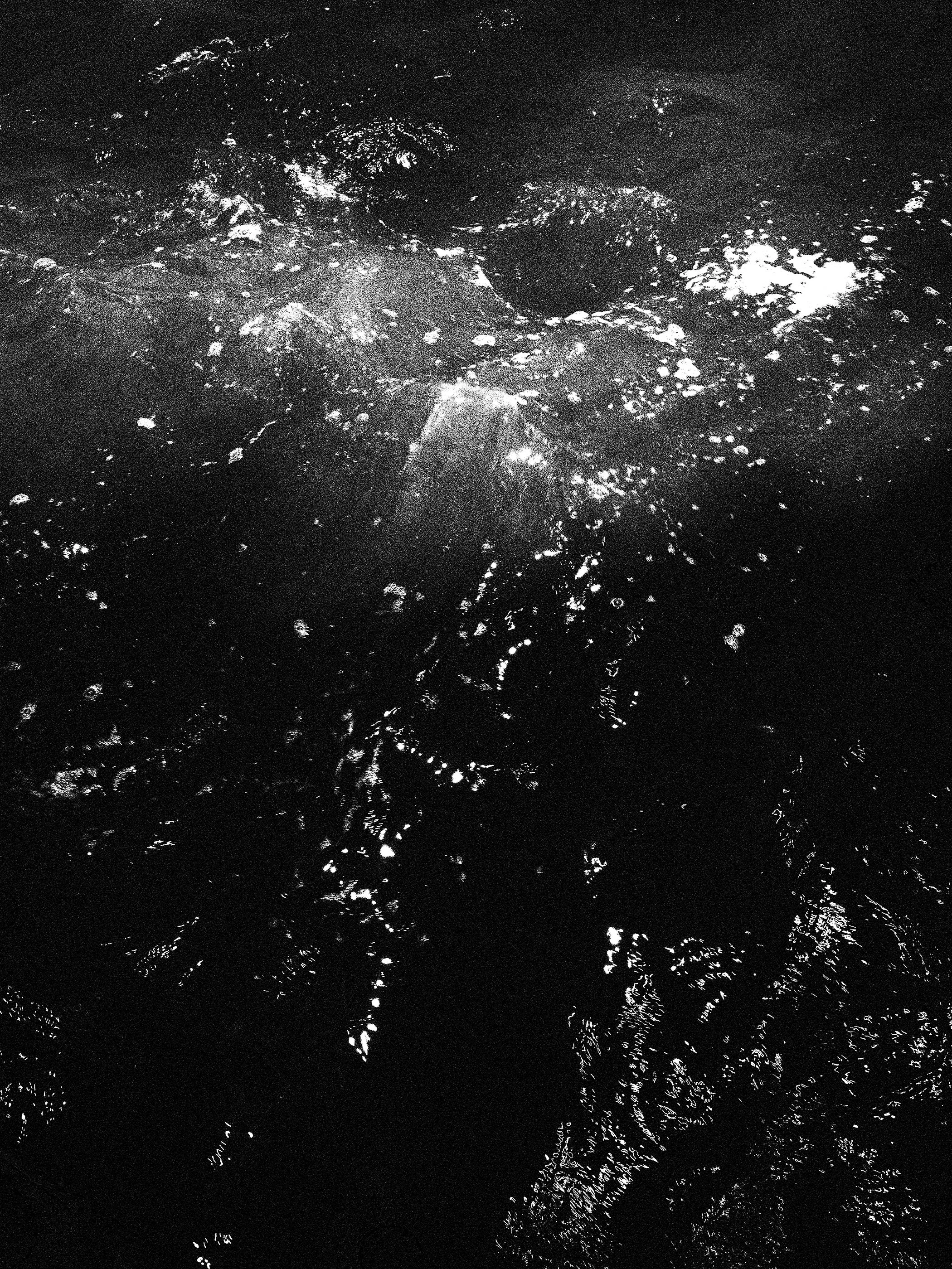 Imagem em preto e branco de um peixe, visto de cima na água, com destaque para suas escamas e corpo.