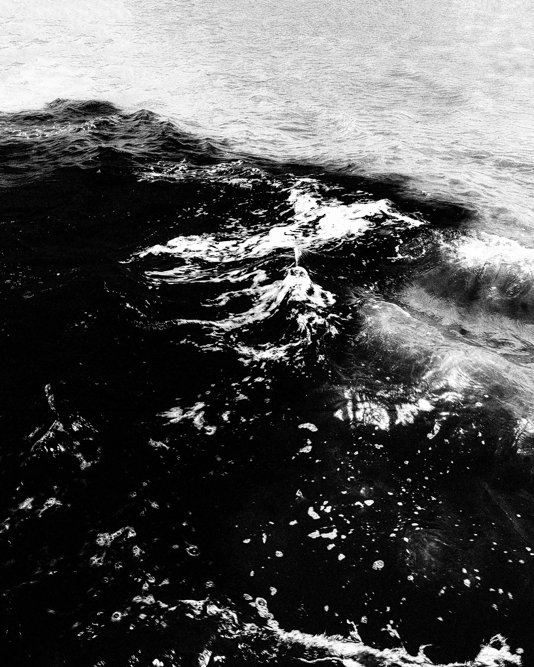 Mar de ondas escuras com espuma branca na superfície, foto em preto e branco.