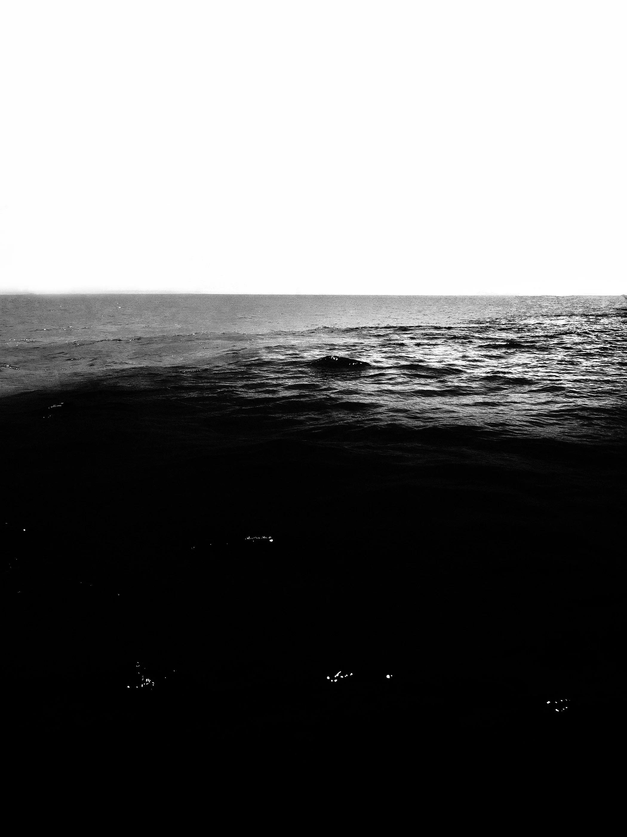 Cena em preto e branco do oceano com ondas suaves, sob um céu claro.