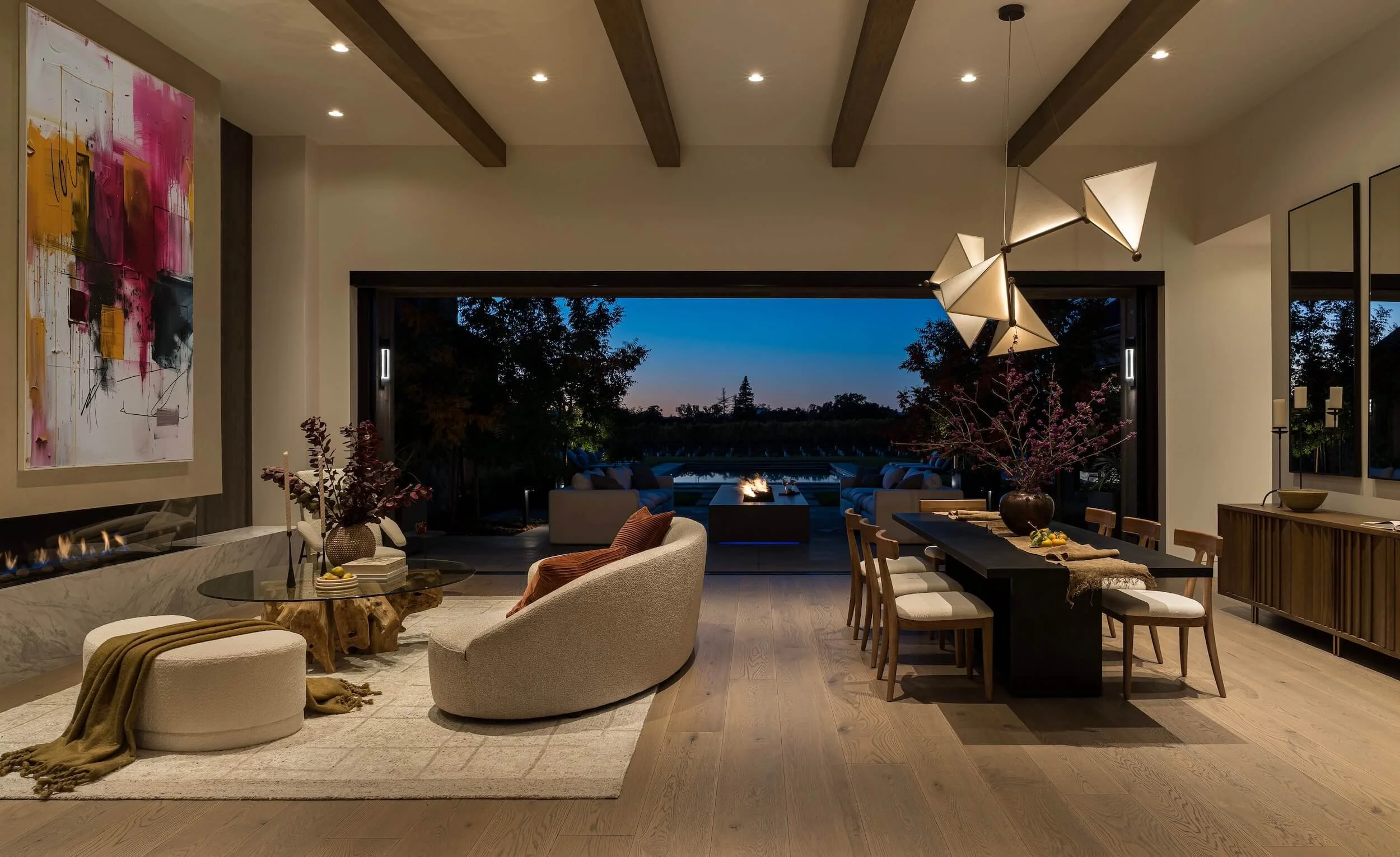 Interior living space with recessed lighting and custom electrical work in a luxury Napa Valley home.