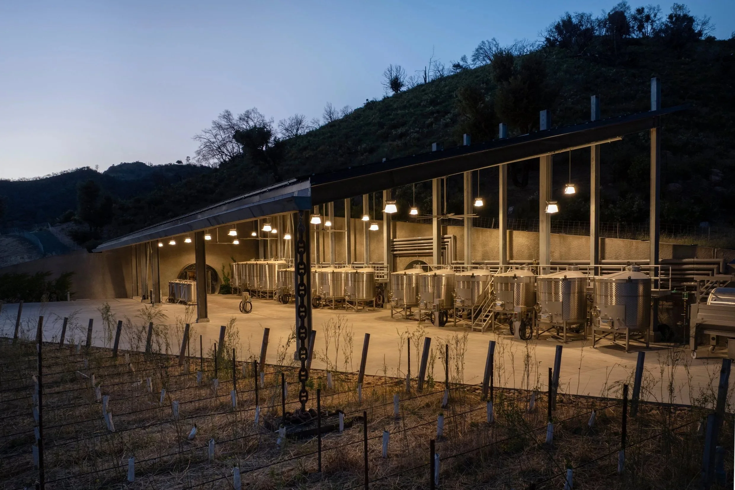 A close view of the winery terrace shows how architectural and landscape lighting define the building and surrounding vineyard after sunset.