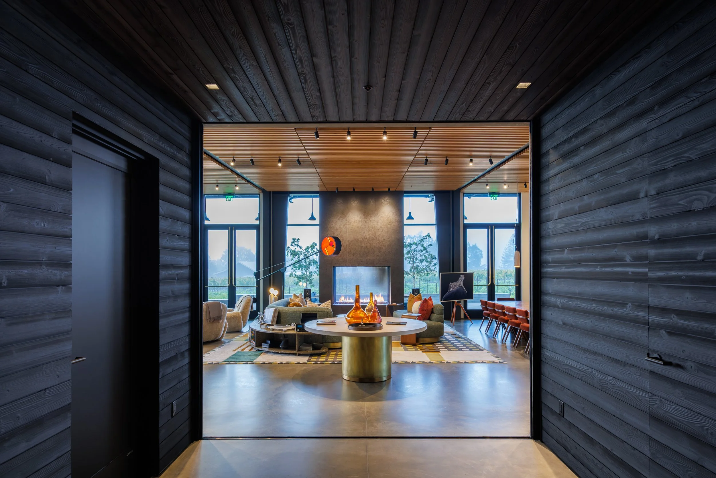 Lighting, power, and electrical systems are integrated throughout the winery to support both the architecture and the guest experience.