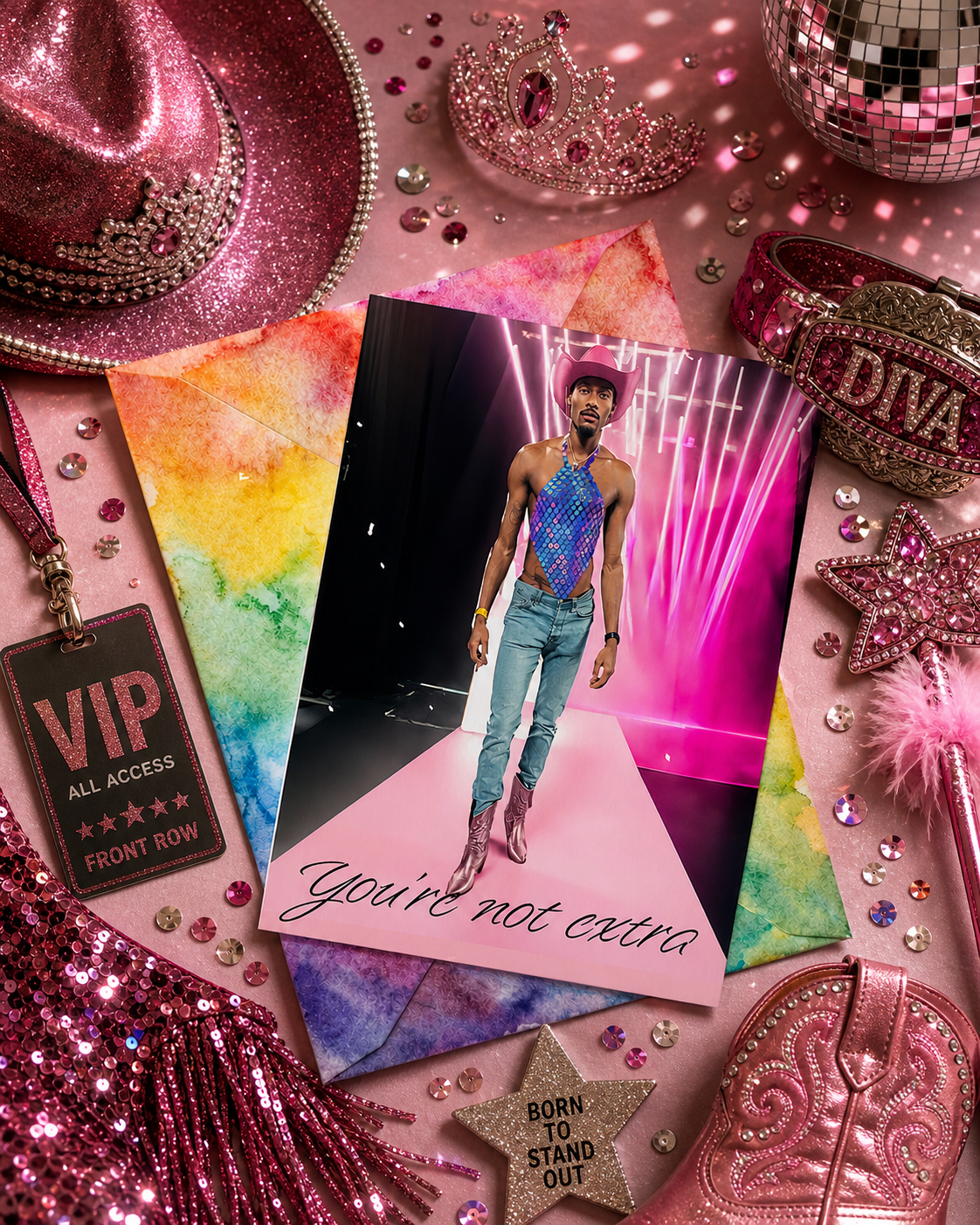 Greeting Card — "You're Not Extra" Fashion Runway Birthday Card (LGBTQ+)