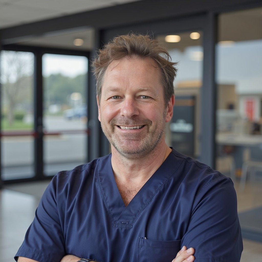 A smiling man with brown hair and a beard wearing navy scrubs, standing inside a modern building with large glass windows in the background.