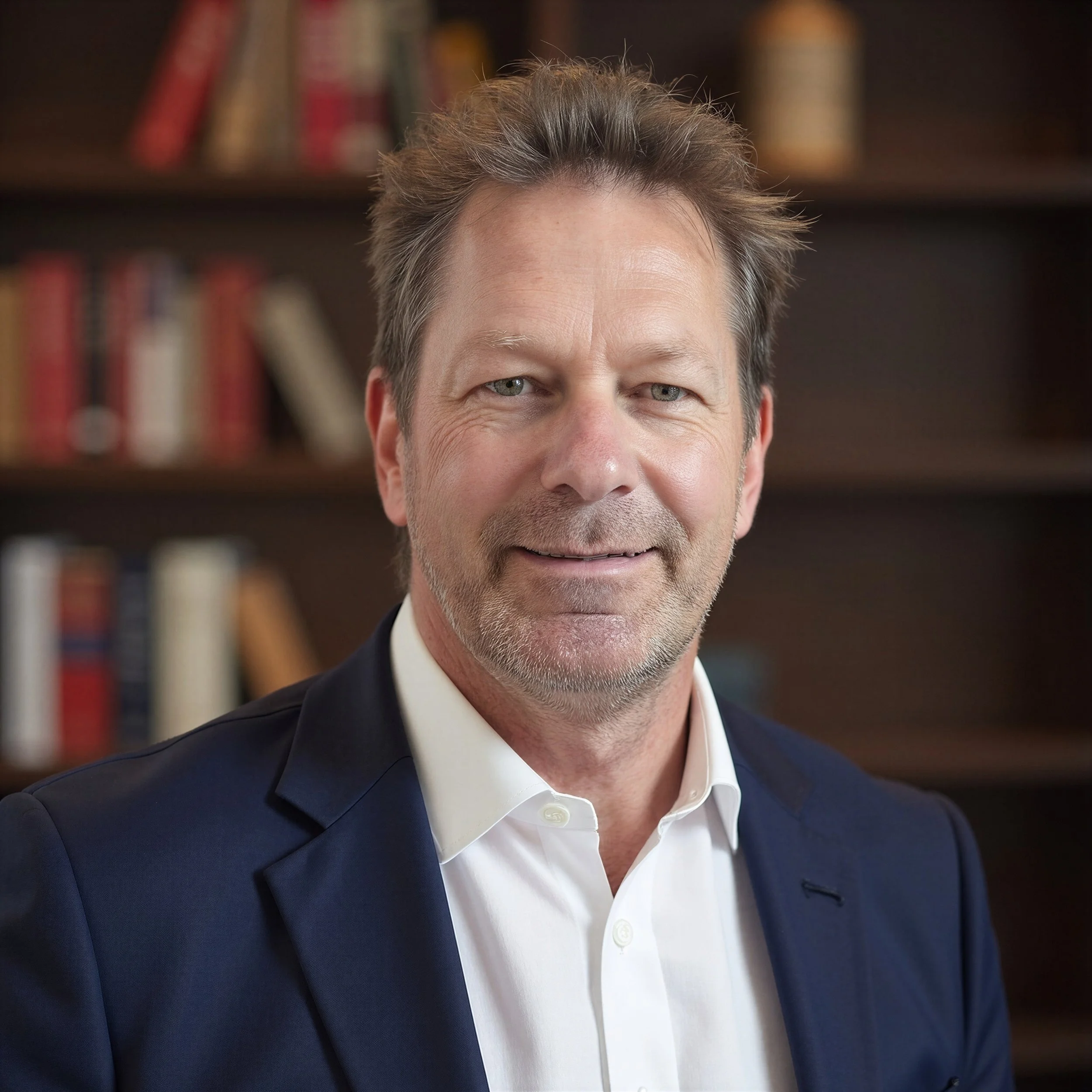 The image shows the upper part of a man's face with short, grayish hair, blue eyes, and fair skin. He is wearing a dark navy suit, a white shirt, and a hint of a dark tie. The background is softly blurred with what appears to be a bookshelf or cabinets with colorful books.