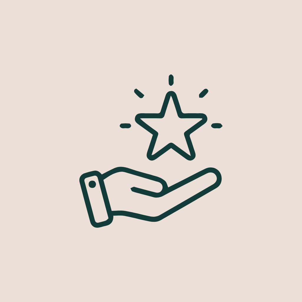 A line drawing of a hand holding a star with rays emanating from it.