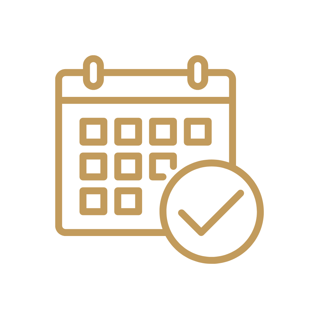 Icon of a calendar with a checkmark in a circle.