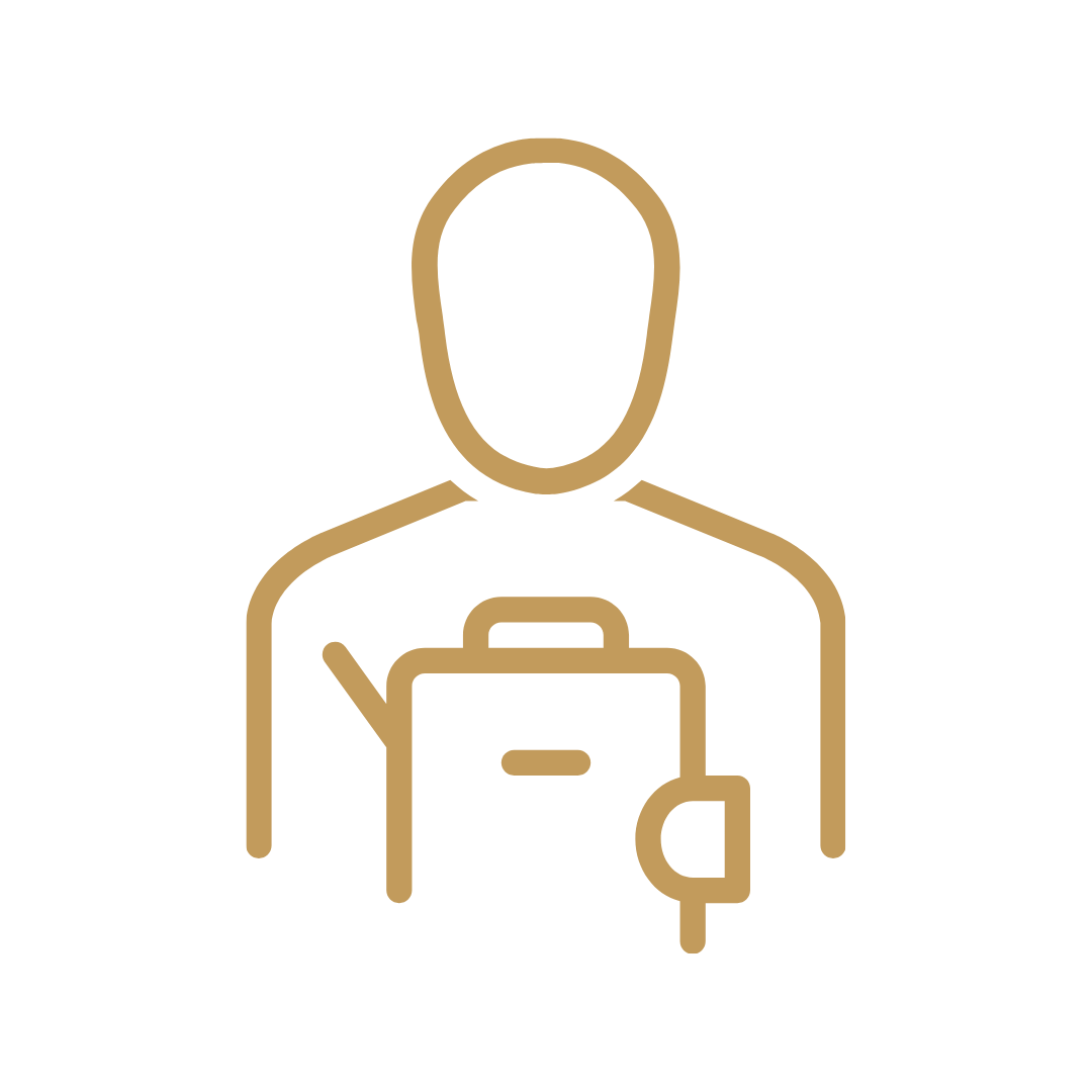 Outline icon of a person with a backpack.