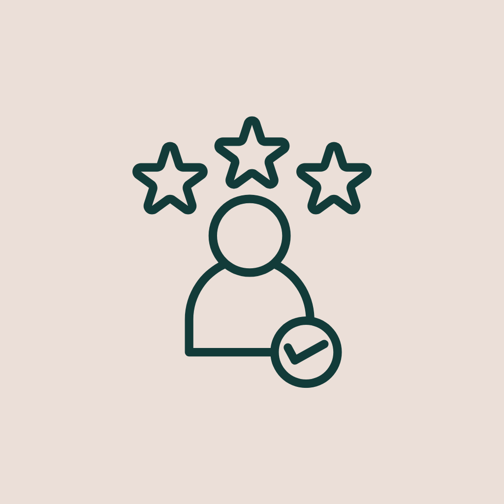 Line drawing of a person with three stars above their head and a checkmark in a circle near their chest, representing quality or satisfaction.