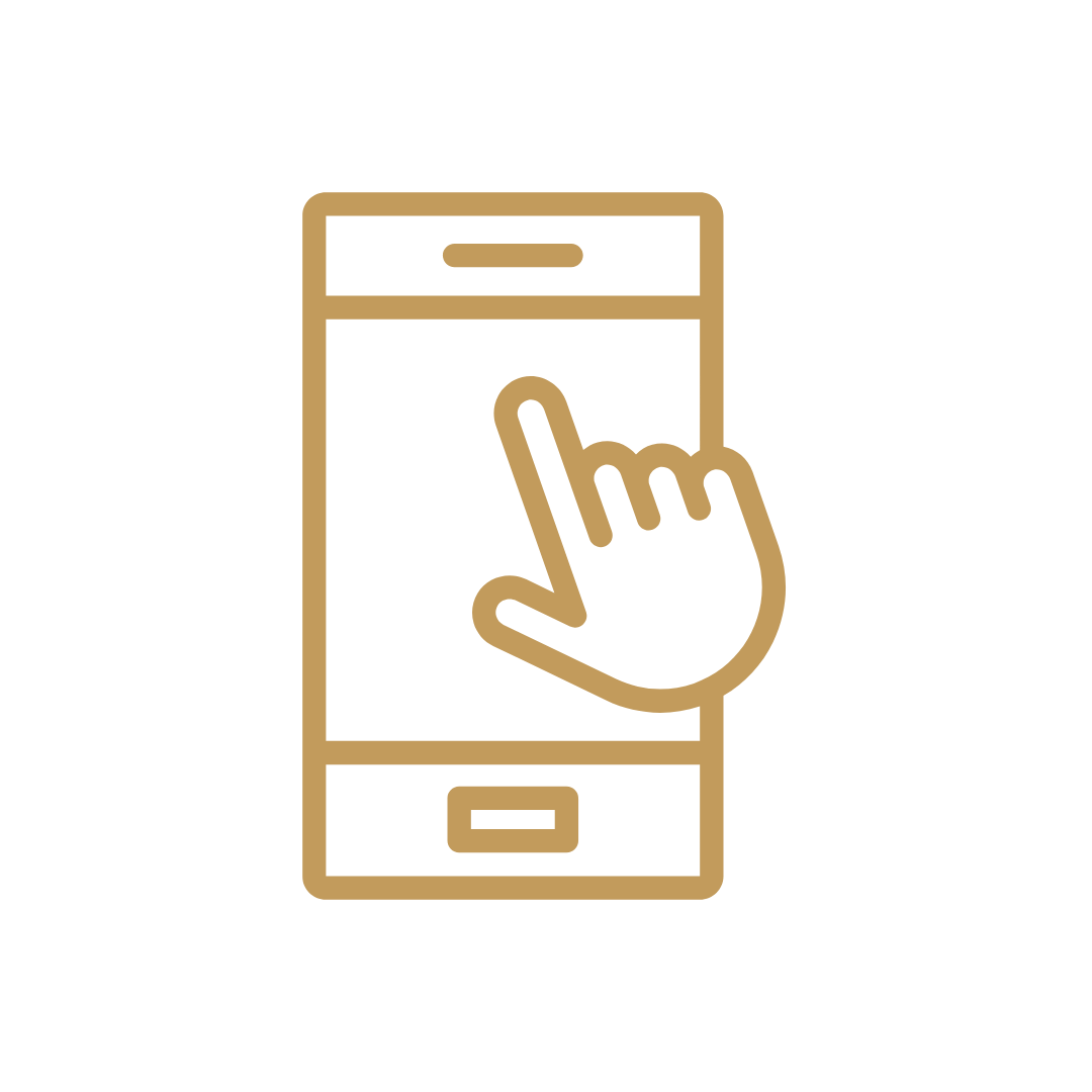 Outline of a smartphone with a hand icon touching the screen.