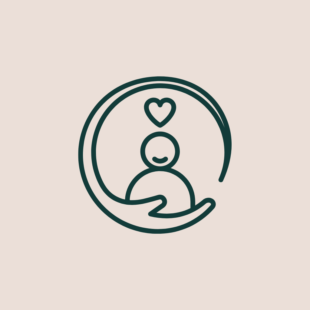 Minimalist line drawing of a person with a heart above their head, embraced by a hand, enclosed in a crescent shape.