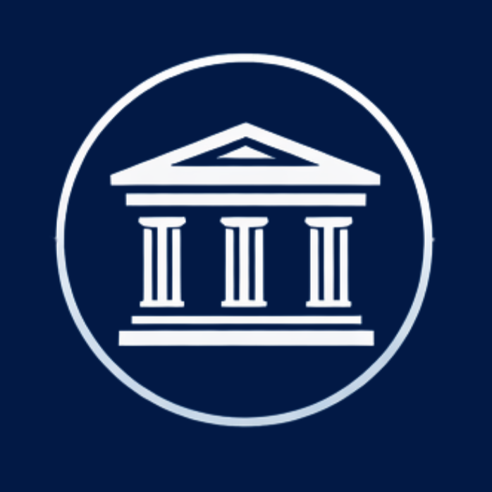 Icon of a classical building with columns, resembling a government or courthouse symbol, inside a circular border on a dark blue background.