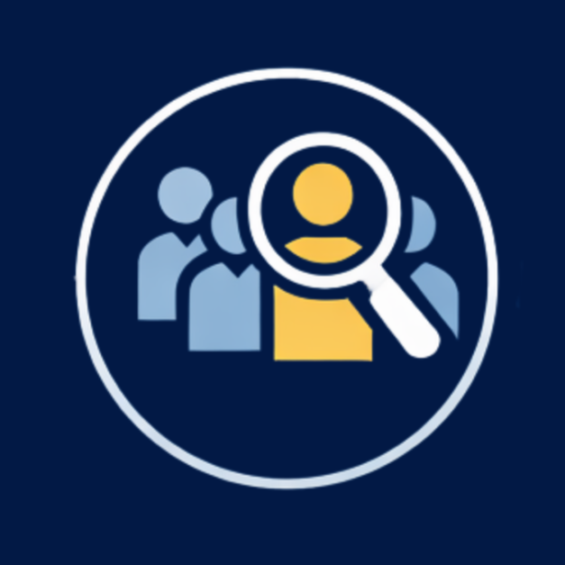 Icon of a group of people with a magnifying glass focused on one person, representing searching or selecting a user.