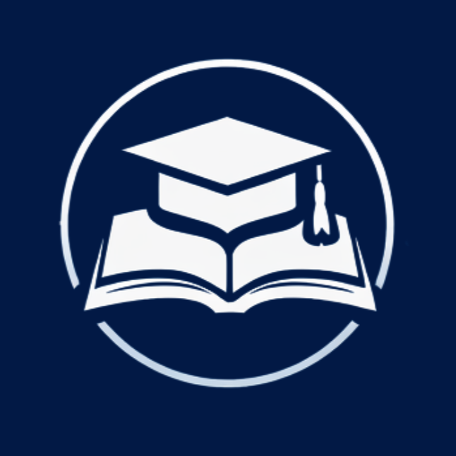 Icon of a graduation cap and a book inside a circle with a dark blue background.