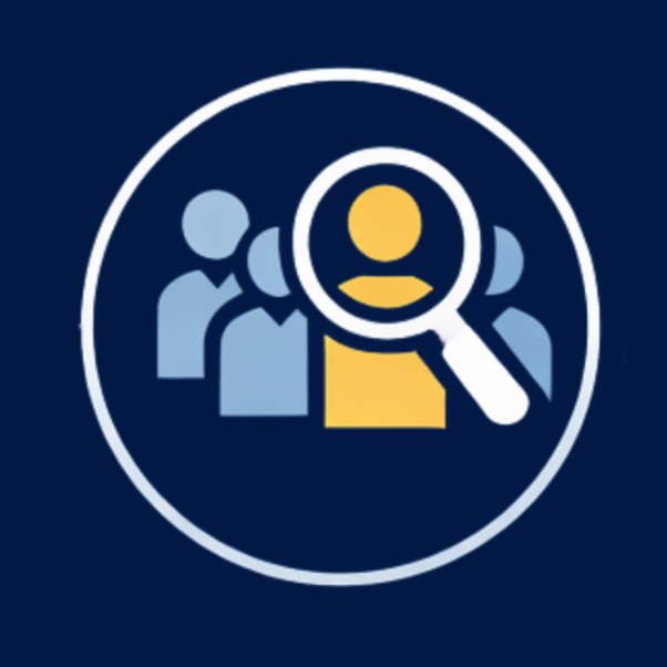 Icon of a group of people with one person highlighted and a magnifying glass over them, representing search or selection of individuals.