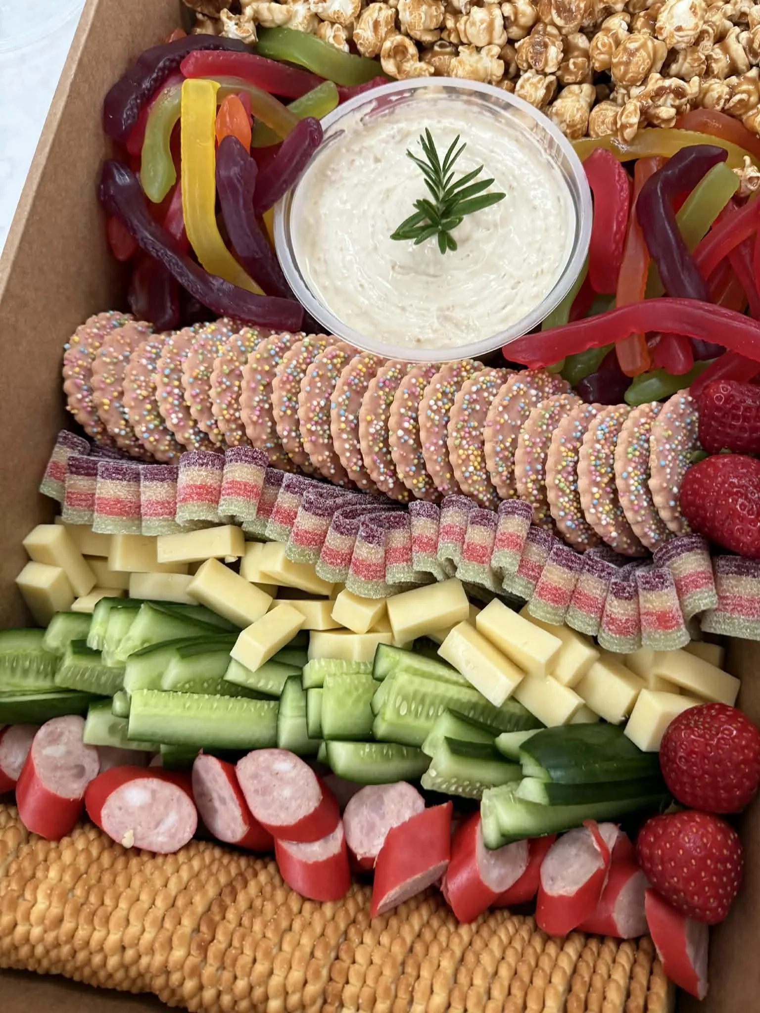 Colorful veggie and snack platter with sliced cucumbers, cheese, strawberries, sliced sausage, rainbow jelly candies, sprinkled cookies, caramel popcorn, and a bowl of ranch dressing garnished with a rosemary sprig.