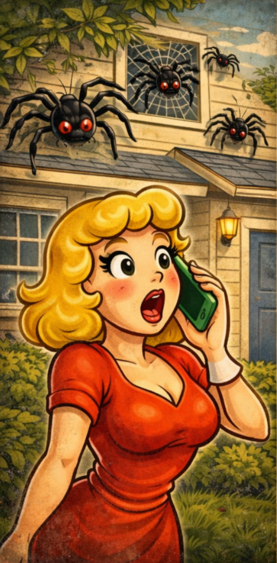 A cartoon woman with blonde hair and a red dress talking on a green phone, startled by three large black spiders with red eyes and spider webs on the house behind her.