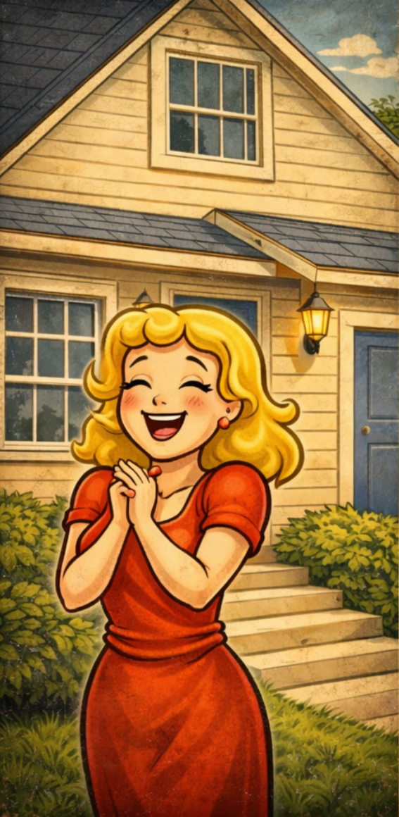 Animated woman with blonde hair in a red dress smiling happily, standing in front of a yellow house with a blue door and windows, bushes, and steps leading to the entrance.