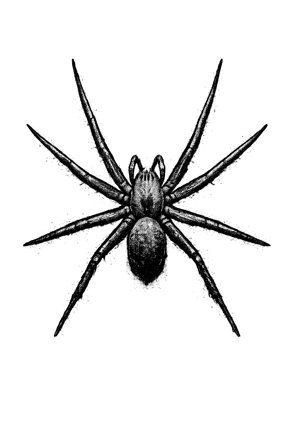 Black and white close-up of a spider on a dark background, showing its body and legs prominently.