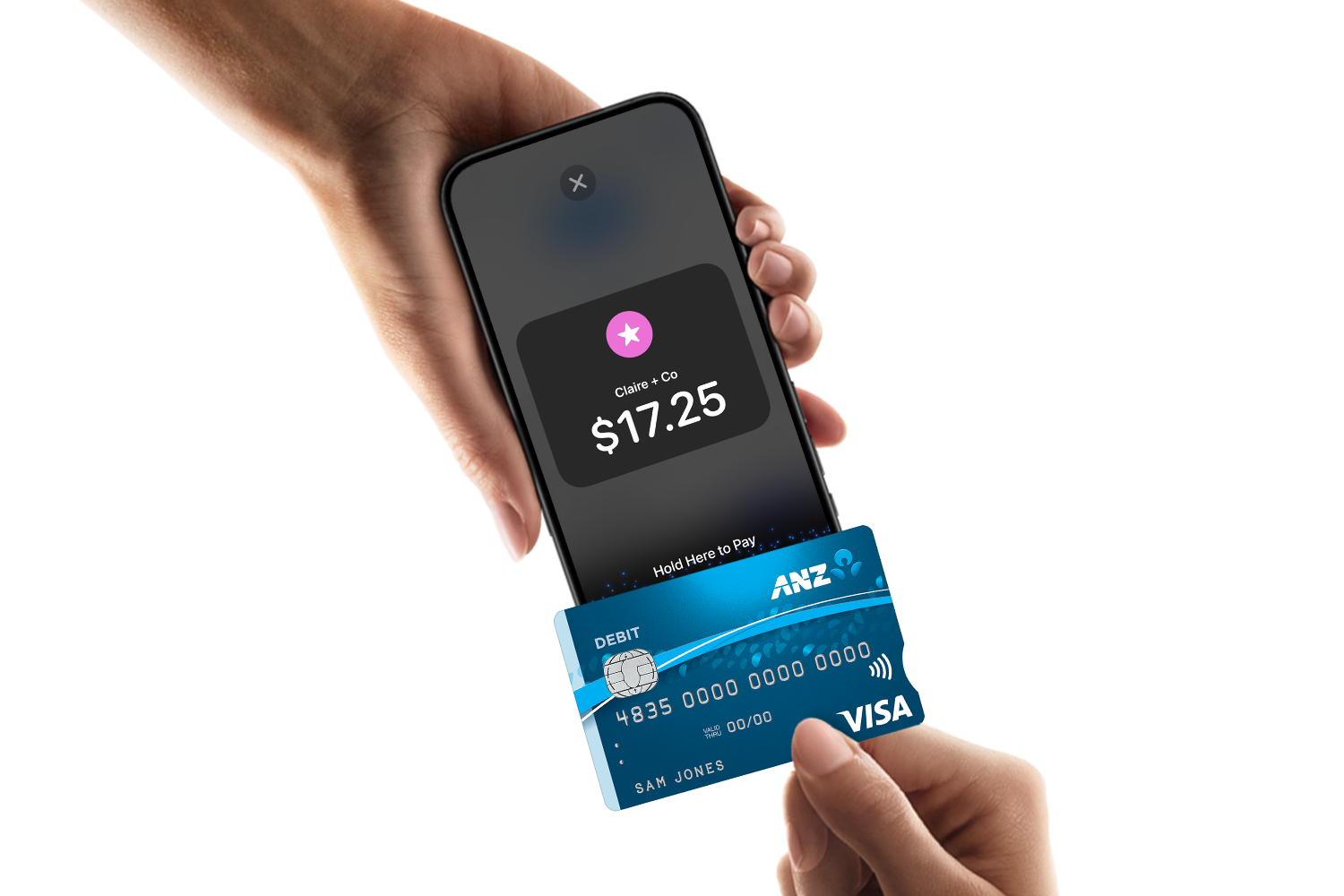 A hand holding a smartphone displaying a payment app with a $17.25 transaction to Claire + Co, and a person's other hand holding a blue VISA debit card near the phone, with a beige background.