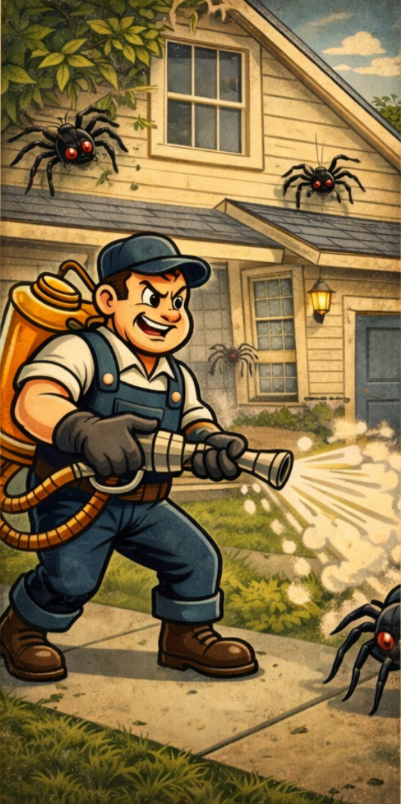 Cartoon of a man in work clothes spraying on pests with a pressure sprayer outside a house, with large spiders on the house walls and roof.