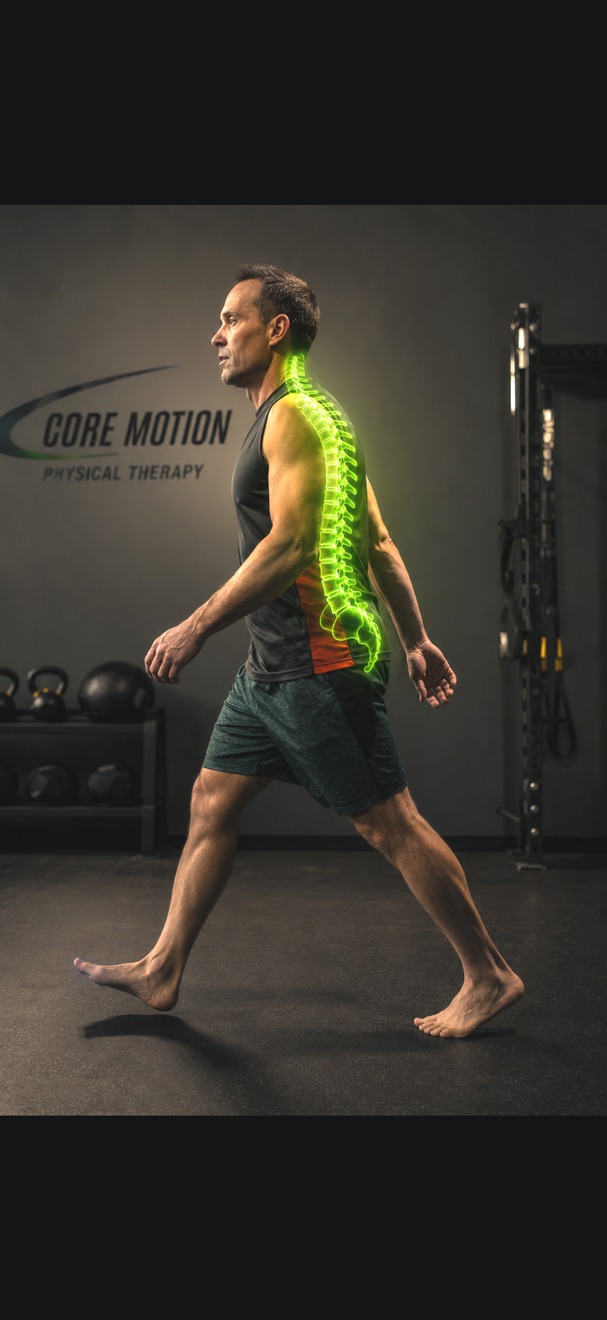 A man walking barefoot in a gym with an illustrated glowing green spine overlay. The gym has kettlebells and a black wall with the logo 'Core Motion Physical Therapy'.