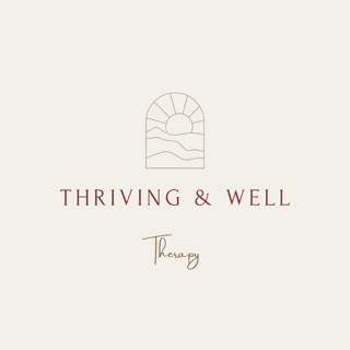 Minimalist logo with a sunrise and ocean waves, displaying the text 'Thriving & Well Therapy'.