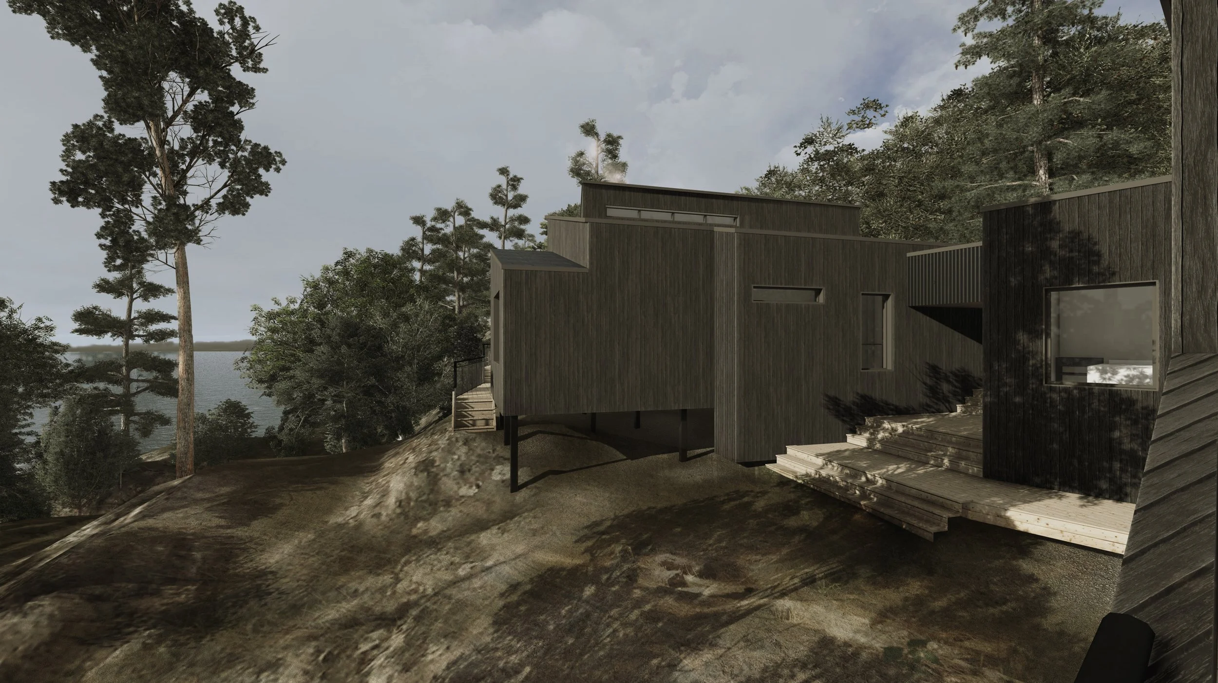 Lakefront cottage in Northern Ontario, dark wood siding, clerestory windows, high ceilings, unique design.
