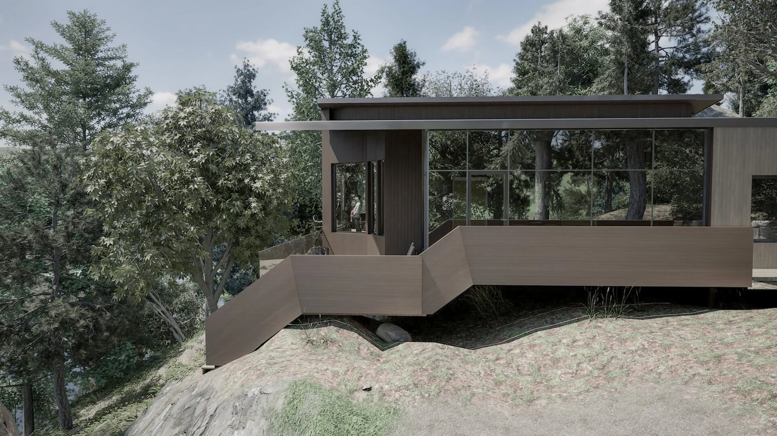Modern lakefront house in Sudbury with granite outcrop and cedar cladding, screened in porch.