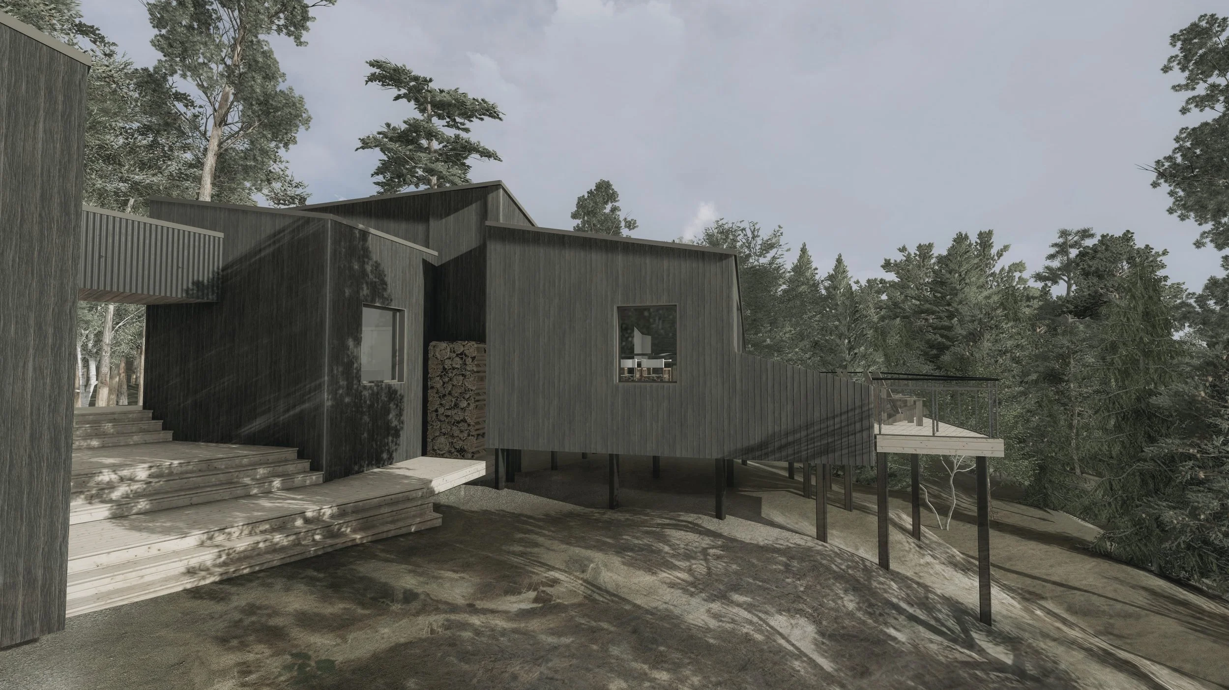 Dark wood cladding custom cottage camp in Sudbury Ontario