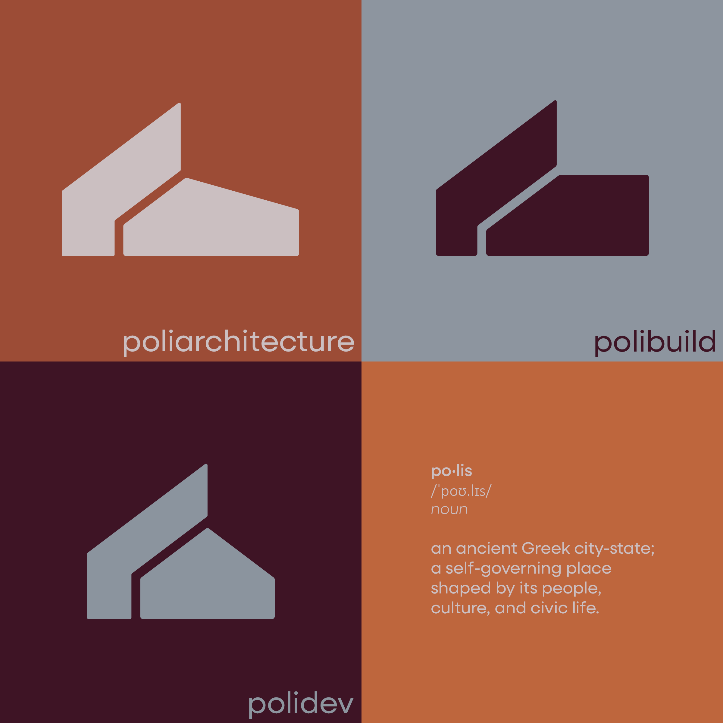 architecture office graphics showing logos for each sector - poliarchitecture, polibuild, and polidev.