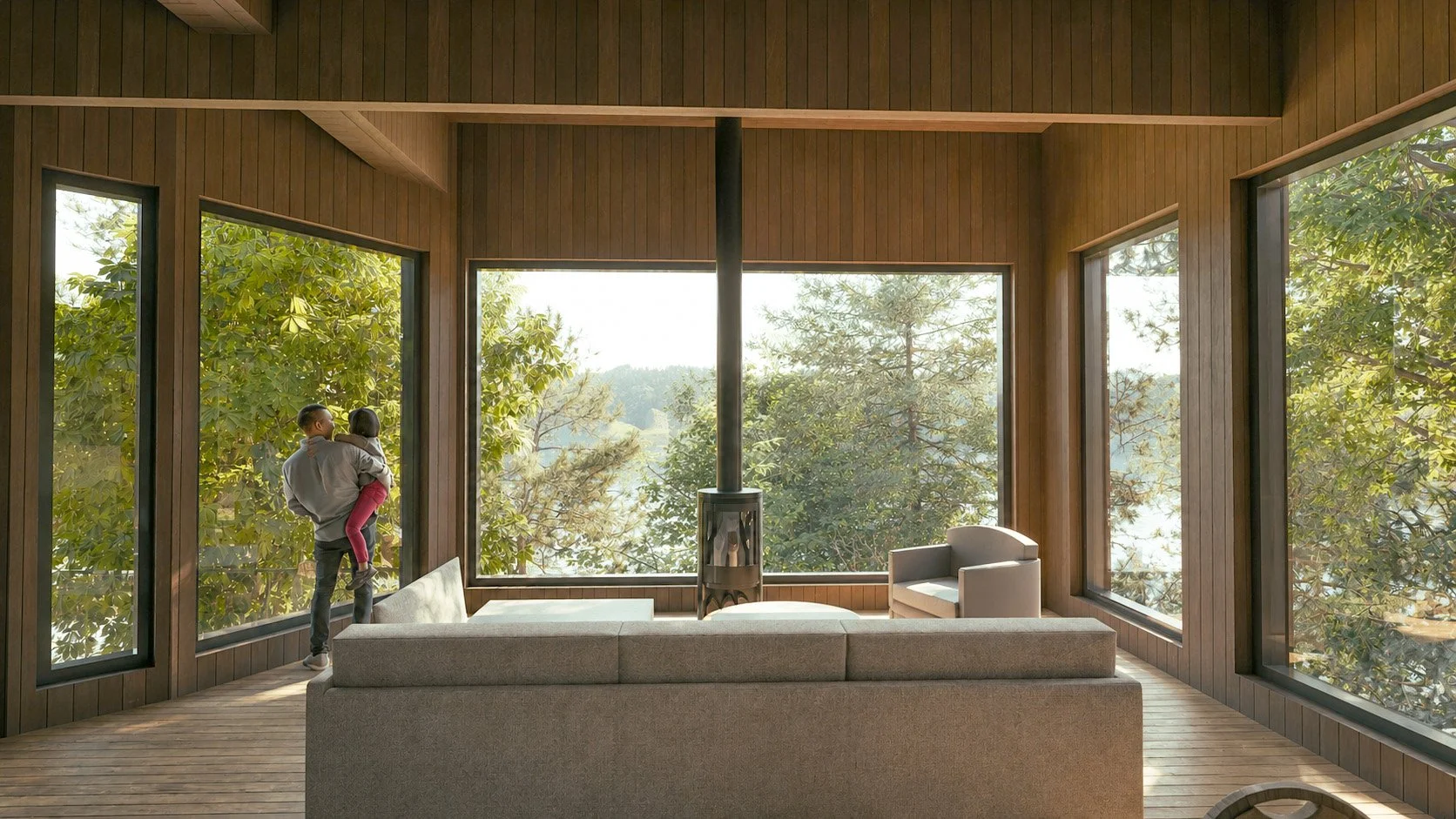 Interior View of prefab camp kit or cottage build kit.