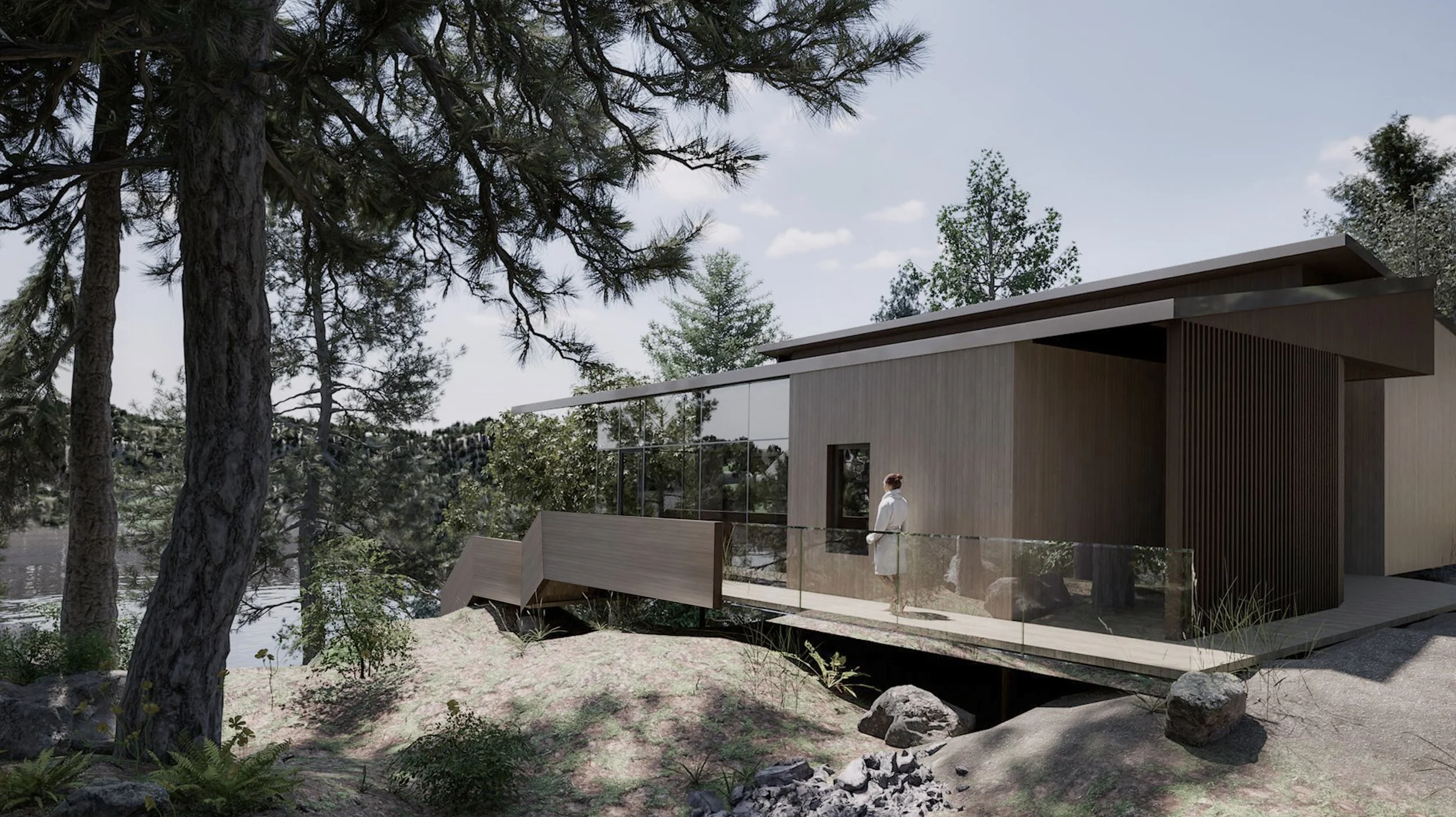 Modern lakefront house in Sudbury with granite outcrop and cedar cladding