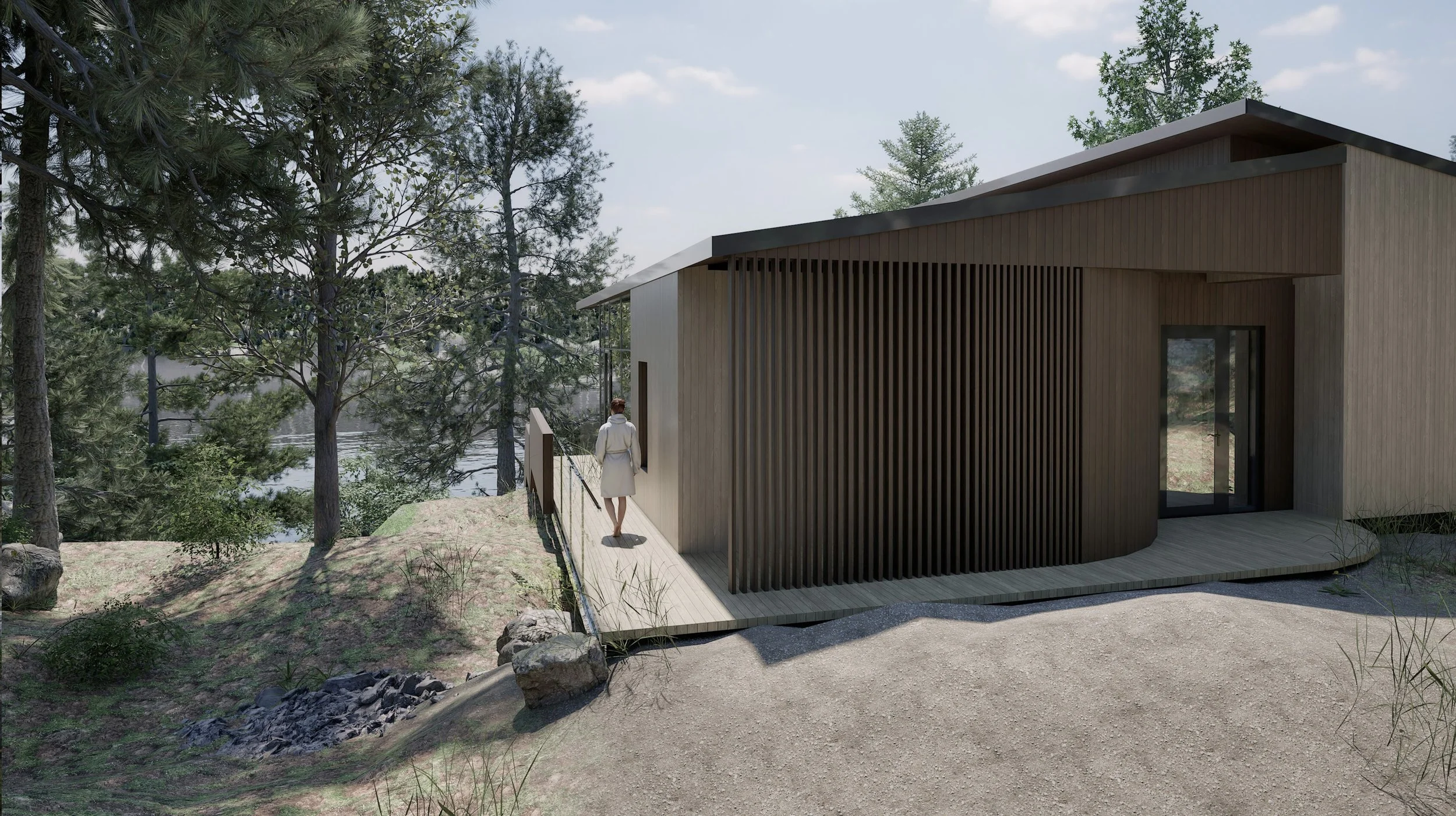 Architecturally designed modern lakefront house in Sudbury with granite outcrop, custom home design, high end residential design and build.